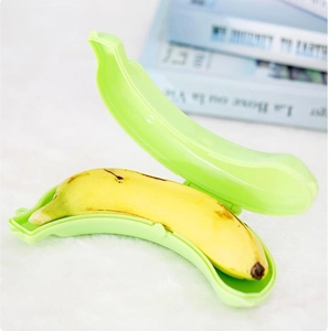 Macro view of a portable bright green banana protector case in a home setting