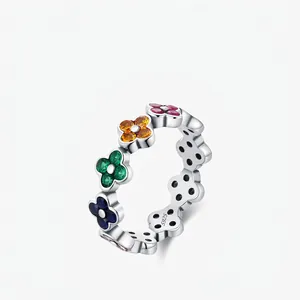 925 Sterling Silver Ring With Colorful Cubic Zirconia Multi Color Four Leaf Clover Floral Jewelry For Women