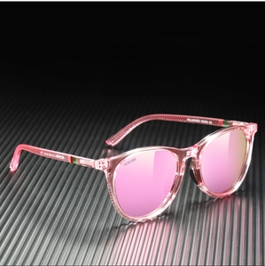 Close-up of pink transparent polarized sunglasses with reflective lenses and temple detail