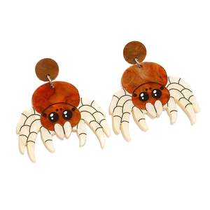 Halloween brown spider acrylic earrings with orange marble pattern and cute cartoon eyes