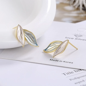 Elegant S925 silver leaf earrings with gradient blue enamel and gold-plated details