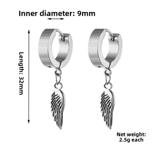 Detailed view of silver feather hoop earrings with 9mm diameter and 32mm total length