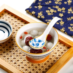 Japanese style blue floral ceramic soup spoon with curved handle and dessert bowl set