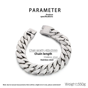 Detail showing 31mm heavy stainless steel Cuban link bracelet with dimensions and weight