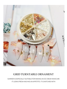 6-grid wheel tray with pearls, metal rings, and seashells for DIY nail art decoration