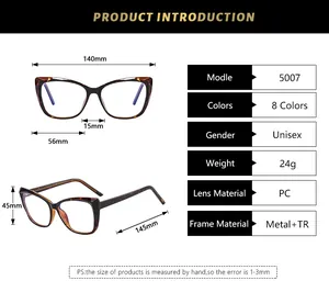 Detailed size chart for cat eye glasses model 5007 with TR90 metal frame and dimensions