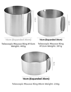 Adjustable stainless steel mousse rings in three heights showing 16 to 30 cm scale details