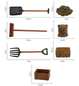 Detailed size chart for miniature farm tools and barn accessories in CM scale