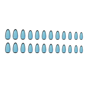 Light blue 2D cartoon style almond press-on nails with black borders and highlights