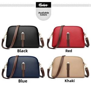 Shell-shaped crossbody bags in black, red, blue, and khaki with lychee grain texture