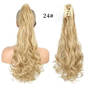 Macro view of 24# golden blonde long wavy ponytail extension with durable claw clip