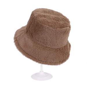 Close-up of the plush brown faux fur texture on a warm winter bucket hat for women