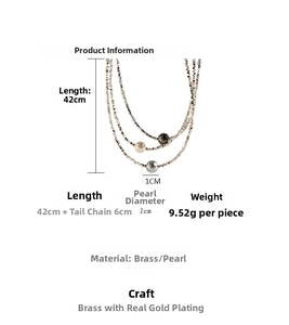 Detailed spec view of a triple-strand pearl necklace in gold-plated brass with size info