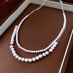 French court style double-layer silver beaded necklace with matte finish long sweater chain