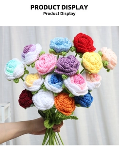 Detail showing a colorful handmade crochet rose bouquet with diverse knitted textures