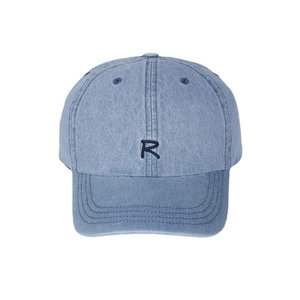 Classic light blue denim baseball cap with navy R letter embroidery and curved brim