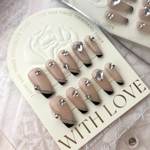 Press On Nails Black French Tip Glitter Heart Rhinestone Luxury Elegant Reusable Artificial Nails