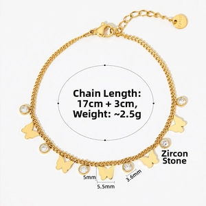 Detail showing gold stainless steel butterfly bracelet with cubic zirconia and size specs