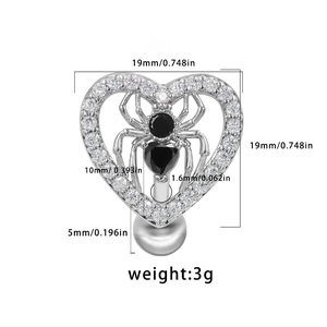 Detailed technical diagram of spider heart belly ring with 19mm dimensions and 3g weight