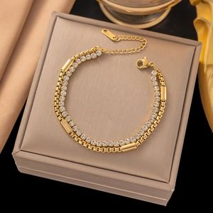 Double-layer gold stainless steel bracelet with sparkling cubic zirconia pavé setting