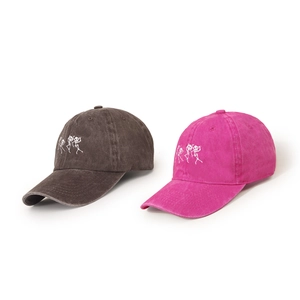 Distressed wash cotton baseball cap with dancing skeleton embroidery in dark grey and pink