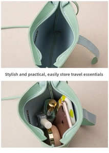 Internal view of mint green bucket bag showing storage space for phone and makeup