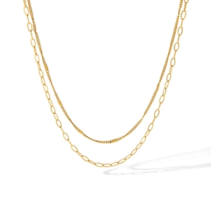 Close-up of gold layered necklace featuring a fine textured chain and an open link chain