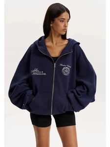 Women Zip Up Hoodie Pure Cotton Oversized Long Sleeve Streetwear Vintage Navy Blue Letter Print Jacket