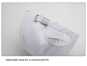 Close-up of the adjustable silver metal buckle on the back of a white cotton baseball cap
