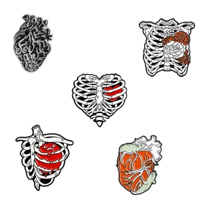 Set of 5 anatomical heart and rib cage enamel pins for medical students and nurses