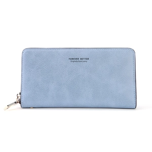 Sky blue long zip-around wallet in textured faux leather with minimalist logo