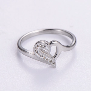 Silver stainless steel heart ring with cubic zirconia stones and minimalist design