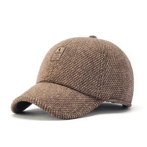 Brown tweed baseball cap for men featuring a vintage leather patch and warm thick material