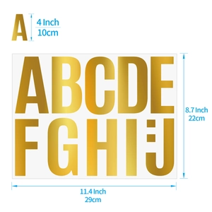 Detail view of 4-inch gold metallic letter stickers with size dimensions in cm and inches