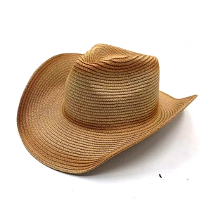 Classic brown woven straw cowboy hat with wide brim and top dent for outdoor sun protection