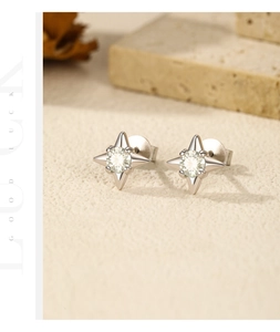 Detailed view of S925 sterling silver star stud earrings with green moissanite accents