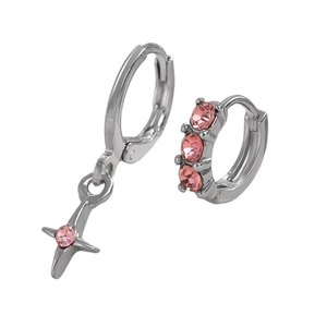 Chic silver cross hoop earrings set with pink zircon stones and star pendant