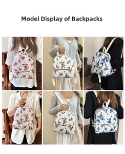 Three butterfly print mini backpacks shown on models in red, blue, and black styles