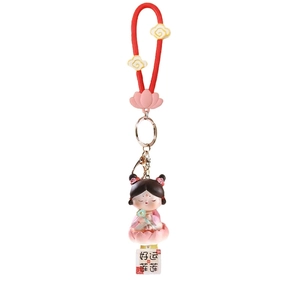 Traditional Chinese style lady keychain with lotus fairy charm and red silicone strap