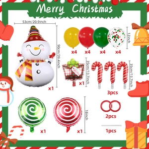 Detailed size guide for Christmas balloons including snowman and candy cane decorations