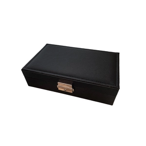 Portable black PU leather jewelry box with a silver metal lock on a clean white background