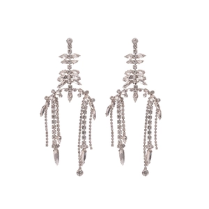 Elegant geometric sparkling earrings with long diamond-encrusted fringe and silver plating