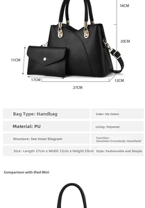 Spécifications détaillées de taille pour sac à main noir avec dimensions de pochette