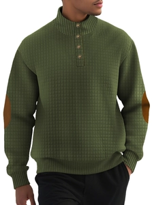 Detail of olive green waffle knit pullover with brown elbow patches and buttoned collar