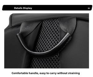 Detail of the padded leather handle and breathable mesh back on the black oxford backpack
