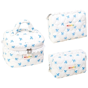 White quilted heart makeup bag set with blue bows, lace trim, and pearl zipper pulls