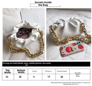 Size chart and dimensions for the cloud clutch bag with gold chain handle