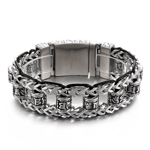 Punk leather and stainless steel braided dragon chain bracelet with mantra engraving
