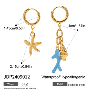 Detail view of starfish and coral earrings showing dimensions and waterproof features