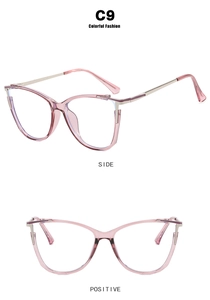 Detailed side and front view of pink cat-eye glasses frame with gold metal temples